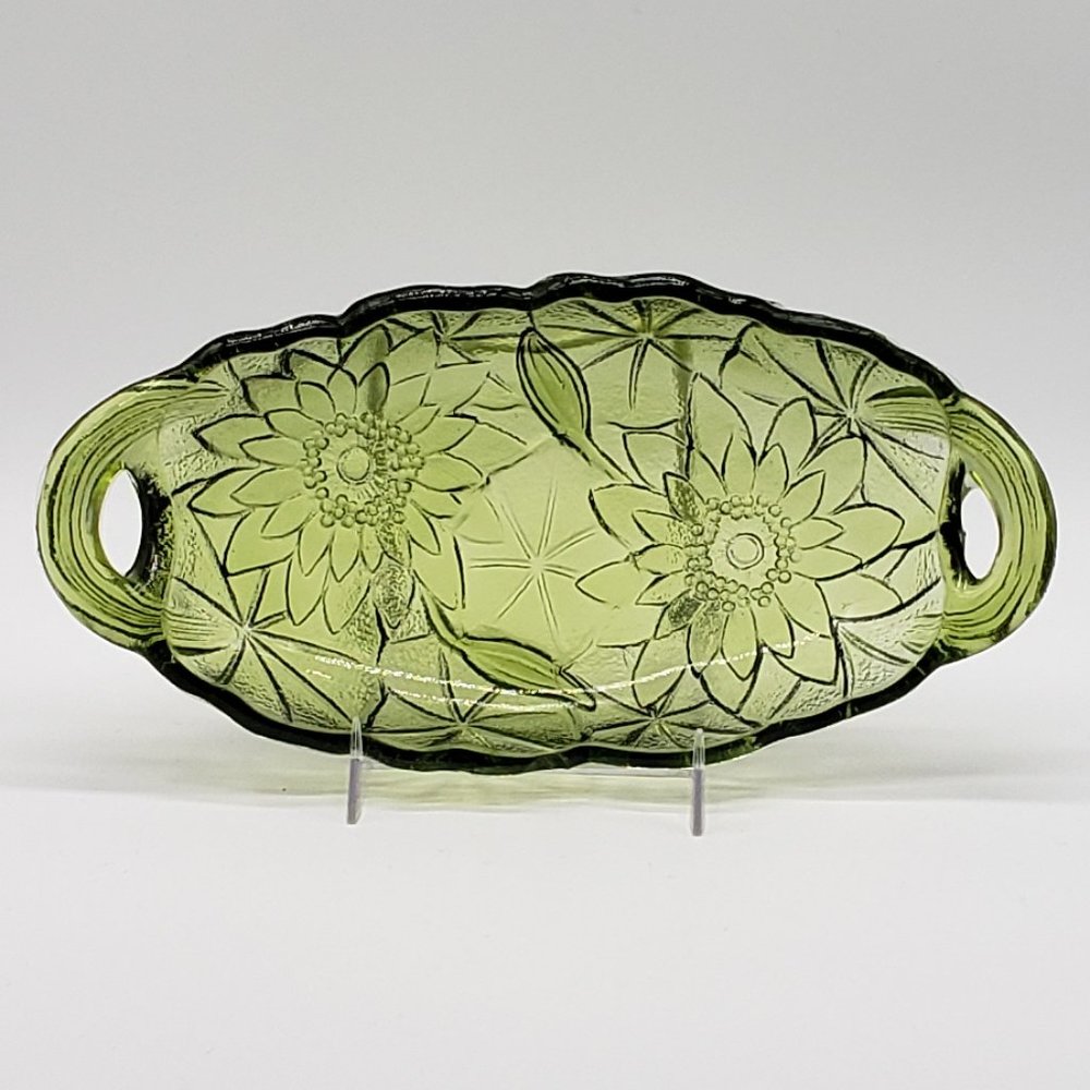 Indiana Glass Vintage Green Lily Pons Oval Handled Pickle or Relish Dish